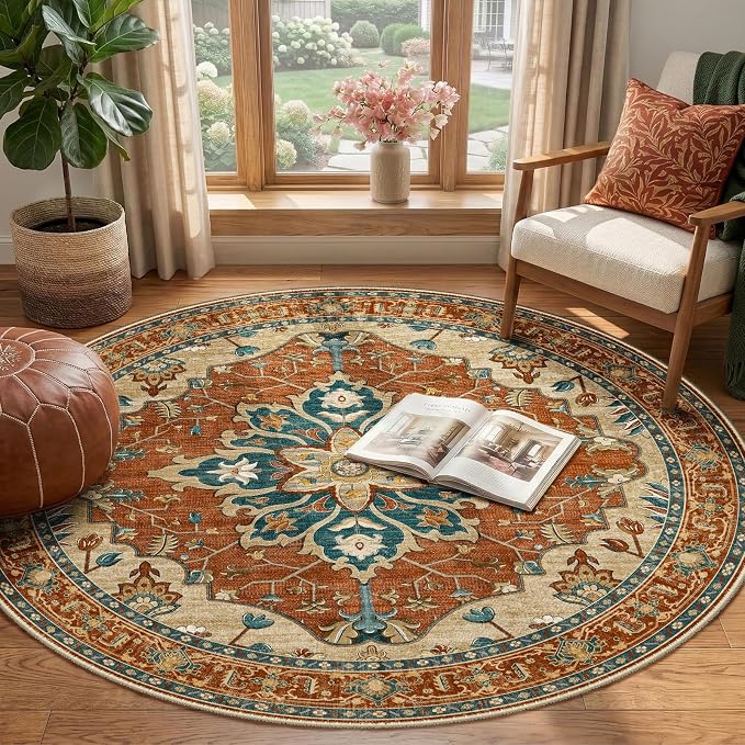 RELEANY Area Rugs Round 4ft Washable Non-Slip, Floral Vintage Distress