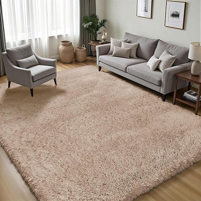 Area Rug for Living Room Bedroom: 6x9 Camel Soft Fluffy Shag Upgrade Non-Slip