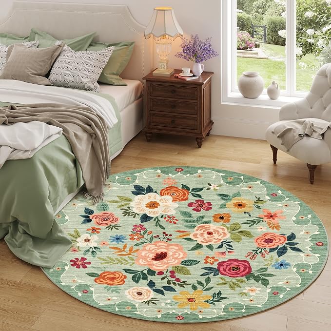 DUKINO Floral Round Rug, 4ft Washable Round Area Rug, Non Slip Indoor Low Pile