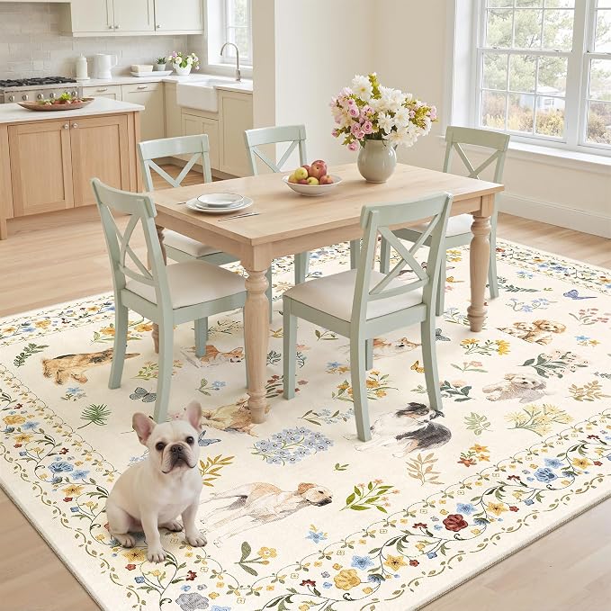 Soalmost Dog 6x9 Area Rugs for Living Room, Machine Washable Animal Floral