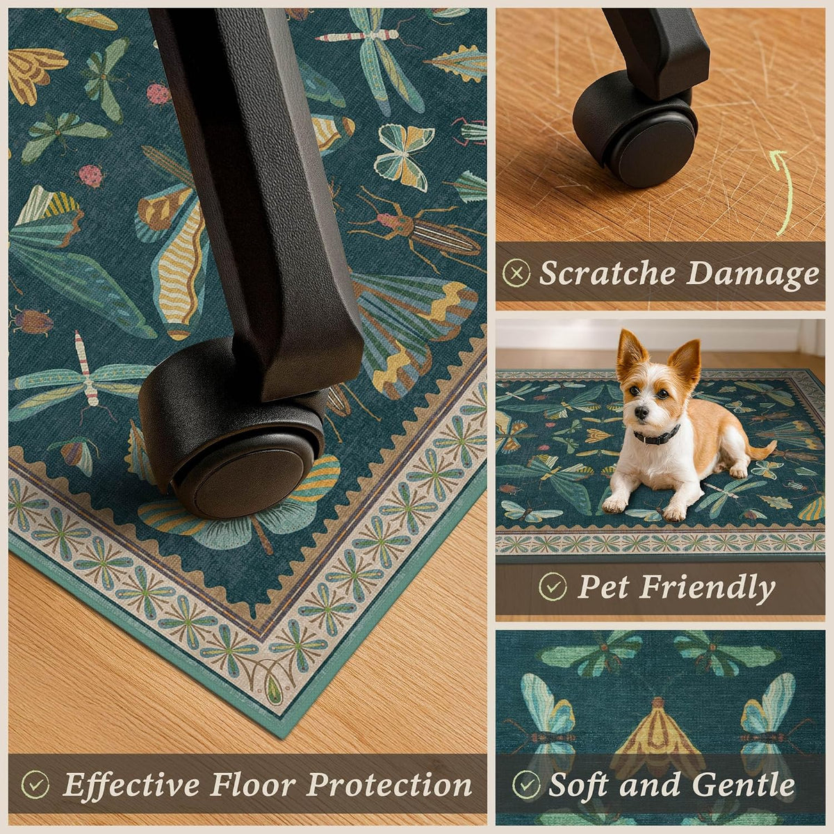 JTJ Teal Office Chair Mat for Hardwood Floor, 36" x 48" Insect Rug