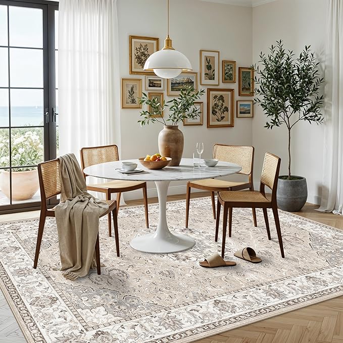 7x10 Area Rug for Living Room: Washable Neutral Vintage Large Rugs for Bedroom