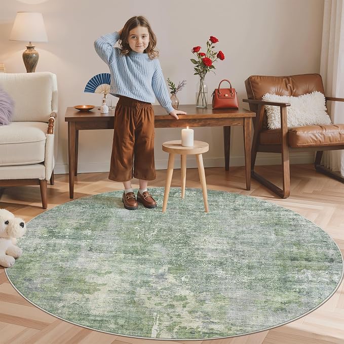 Soalmost 5x5 Green/Ivory Round Rug 5ft Living Room Circle Rug Vintage Round