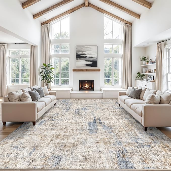 12x15 Area Rug for Living Room – Large Modern Neutral Abstract Thin Washable