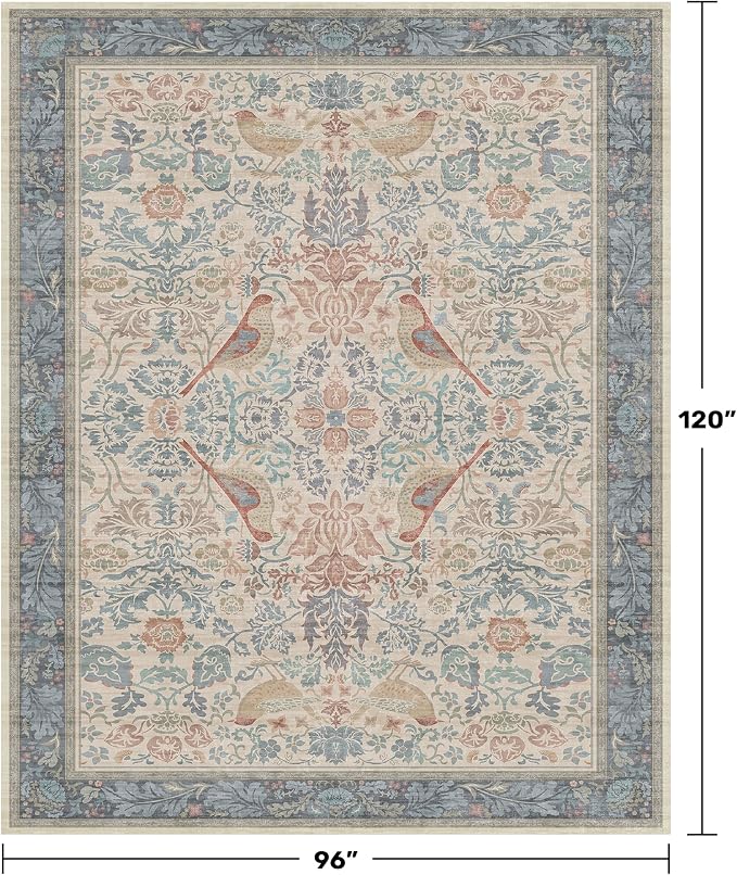 Soft Red and Blue 8x10 Living Room Rug, Oriental Non-Slip Area Rug