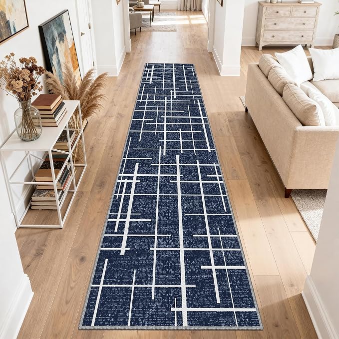 Non Slip Hallway Runner Rug 2.6x12, Modern Distressed Stripe, Washable Extra