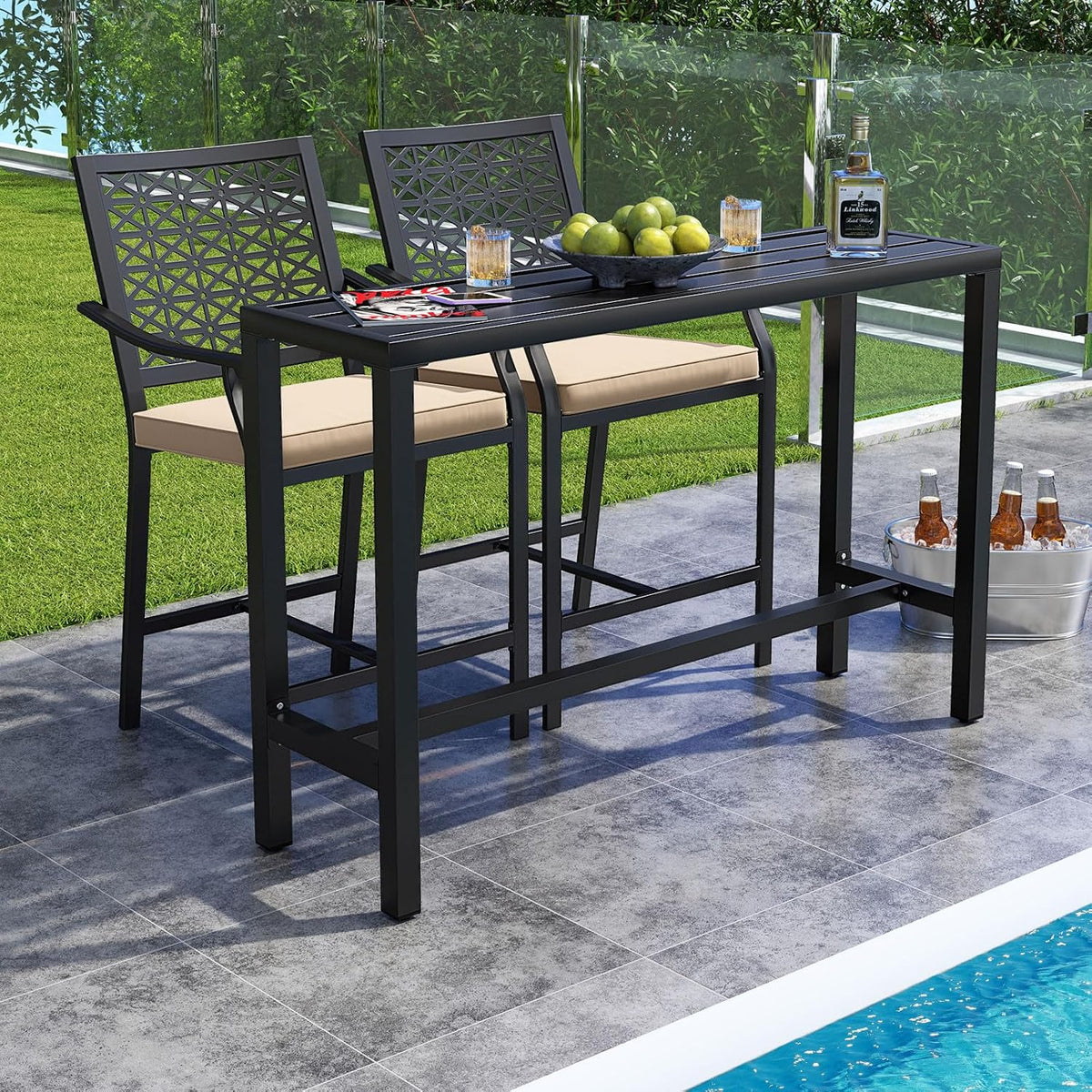 COSTWAY Set of 2 Outdoor Bar Stools, 25" Metal Patio Chairs w/Cushions