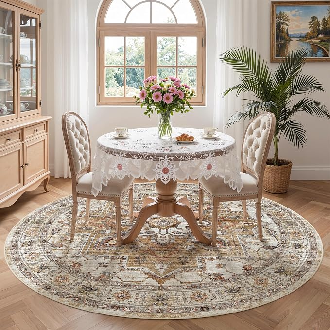 Madane Washable 6ft Circle Round Rug, 6x6 Circular Rugs Non-Slip Vintage Area