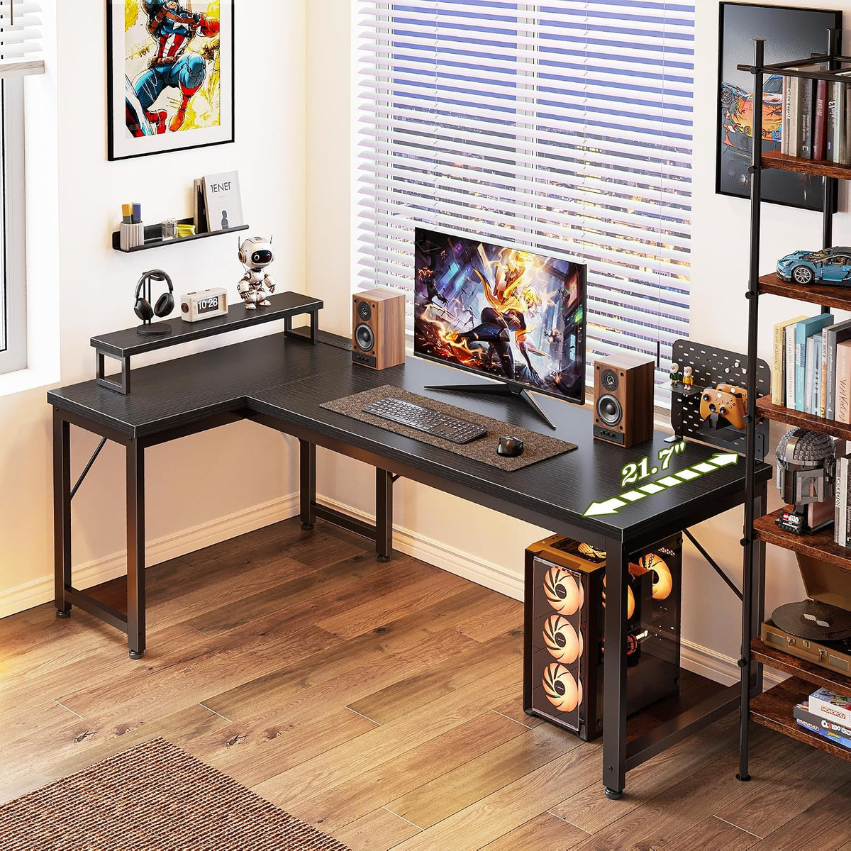 PRAISUN 53" L Shaped Computer Desk, Power Outlets, Monitor Stand, Black