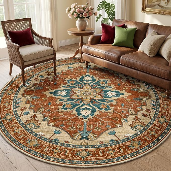RELEANY Area Rugs Round 6ft Washable Non-Slip, Floral Vintage Distress