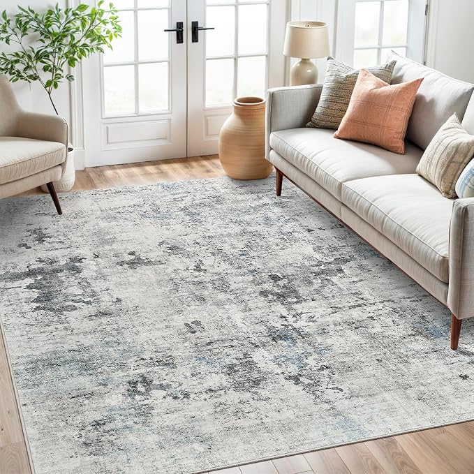 Soalmost Abstract Rug 5x7 Machine Washable Area Indoor Grey Low Pile Non-Slip