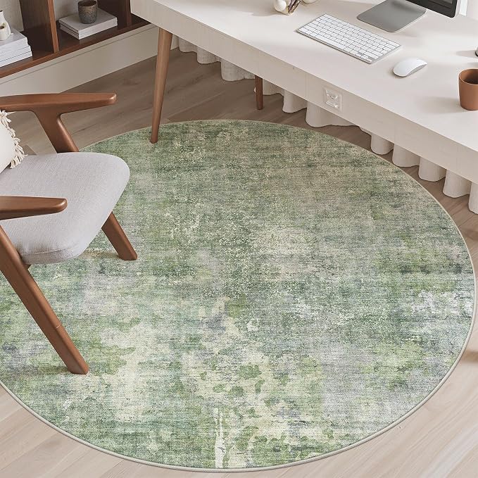 Soalmost 5x5 Green/Ivory Round Rug 5ft Living Room Circle Rug Vintage Round