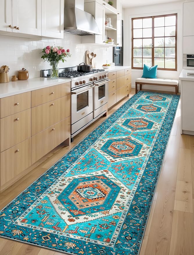 SERISSA Runner Rug for Hallways, Extra Long Boho Rug Ultra Soft Vintage Blue