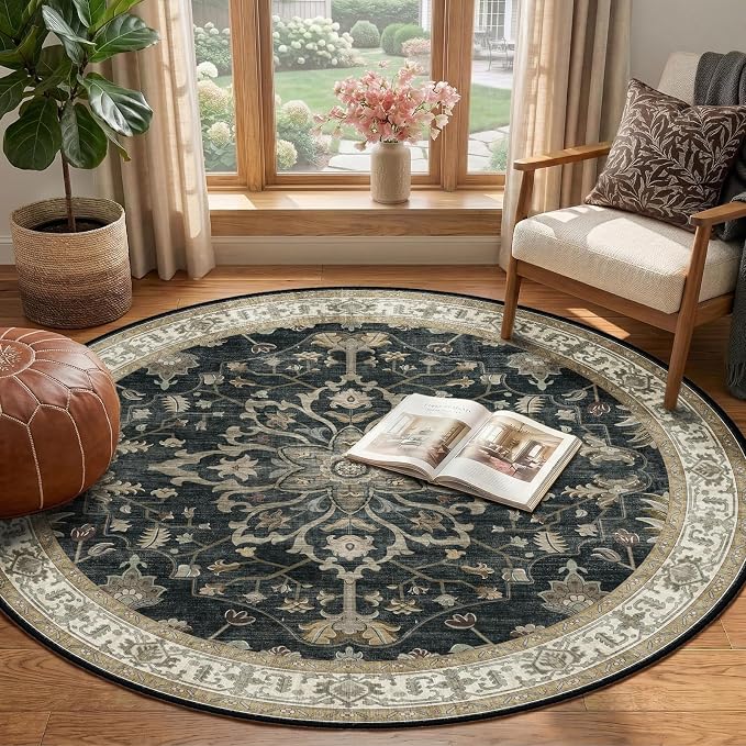 RELEANY Area Rugs Round 4ft Washable Non-Slip, Floral Vintage Distress
