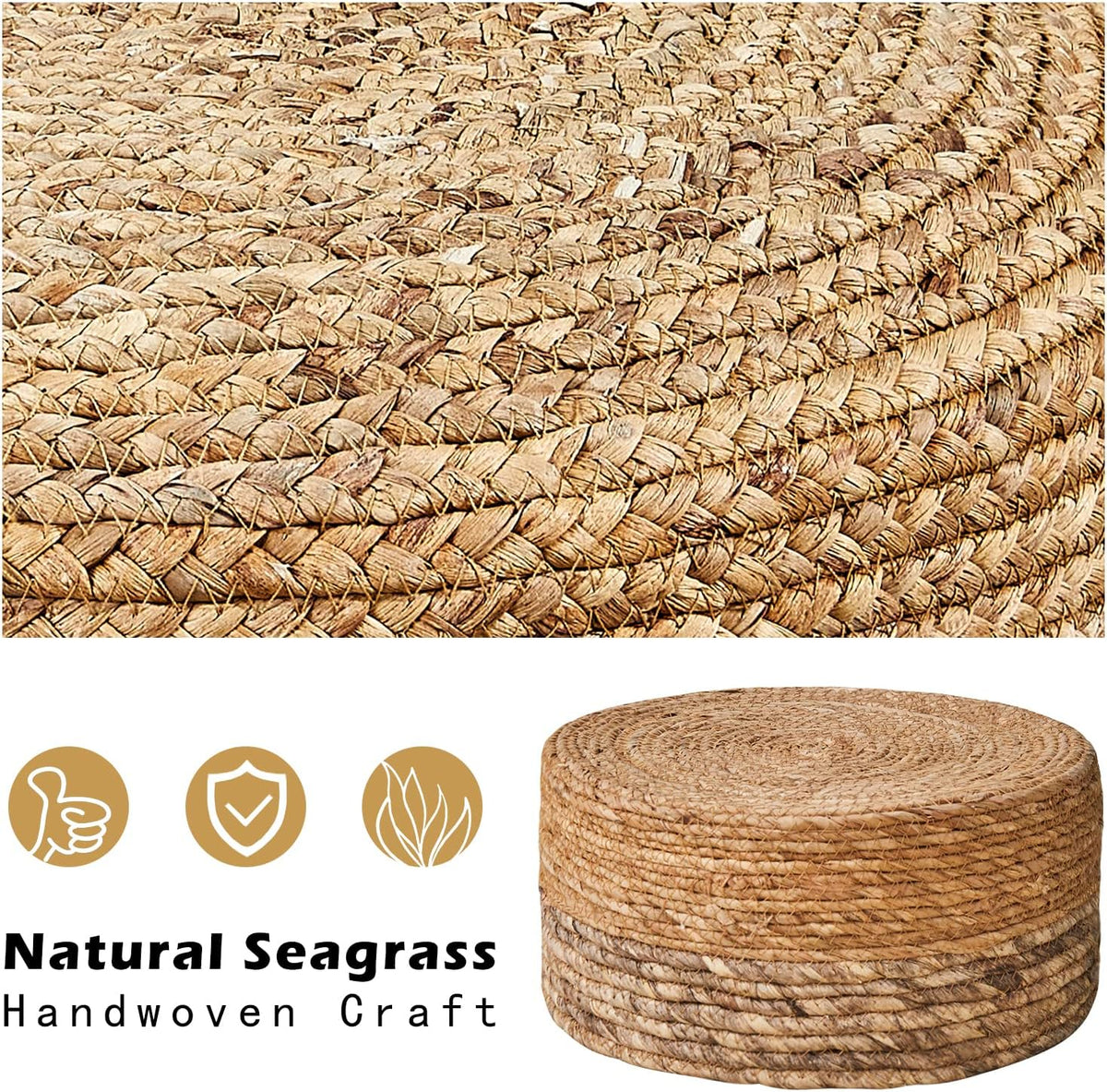 Cpintltr Ottoman Outdoor Sea Grass Stool Poufs Hand Woven Round Foot Stool for Sofa Desk Soft Step Stool Padded Foot Rest Multiple Colors Decorative Furniture Natural/Brown