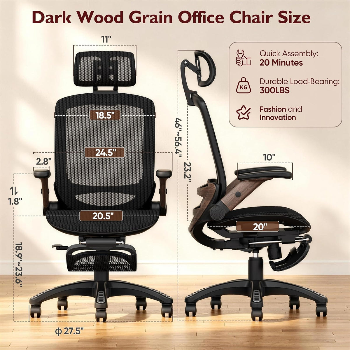 Ergonomic High-Back Office Chair with Footrest – Flip-Up Arms, 3D Headrest, 135° Recline, and Wide Mesh Seat with Lumbar Support. Rolling Swivel Task Chair for Gaming or Work, Sturdy, 300 LBS.