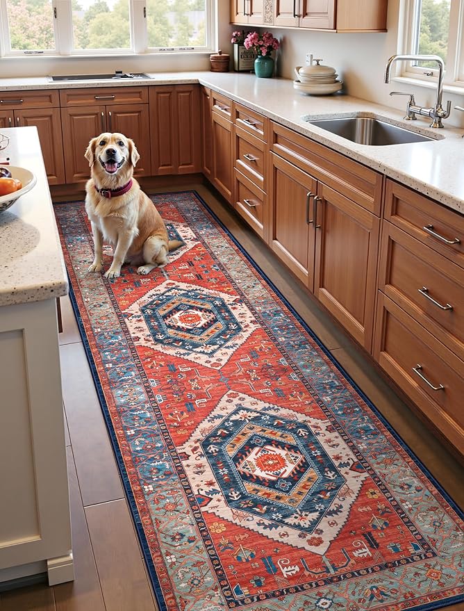 SERISSA Runner Rug for Hallways, Long Boho Rug Vintage Rust Hallway Stair Ultra