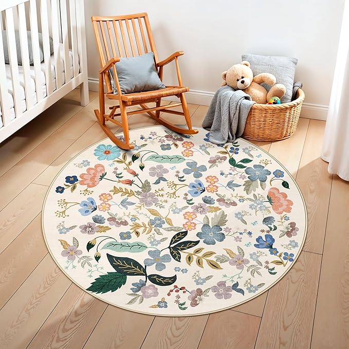 Washable Floral Round Rugs for Bedroom