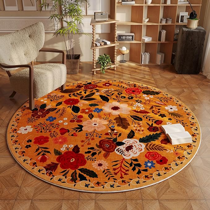 Rugcomf Round Rug 6ft Washable Circle Rug Non Slip Low Pile Boho Floral Small