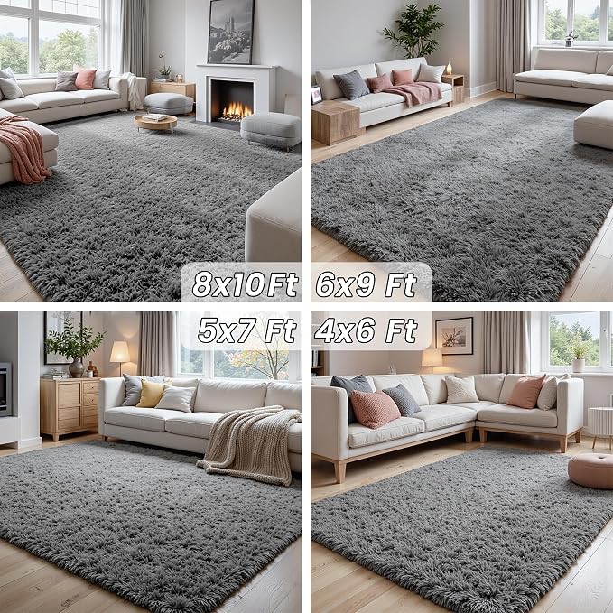 8x10 Area Rugs for Living Room Rug: Soft Fluffy Shag Light Gray Rugs for Bedroom