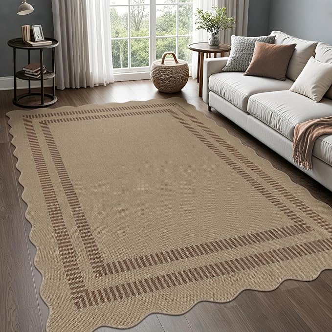 Scalloped 5x7 Rug for Living Room, Easy Jute Washable Outdoor Patio Carpet
