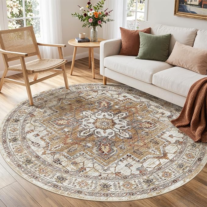 Madane Washable 6ft Circle Round Rug, 6x6 Circular Rugs Non-Slip Vintage Area