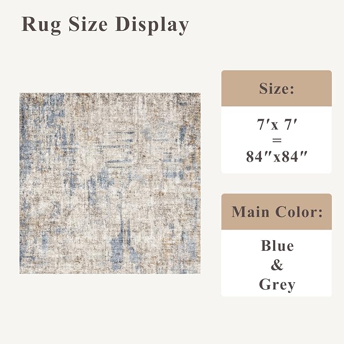 ZHXXUJ 7x7 Square Washable Area Rug, Non-Slip Indoor Rug