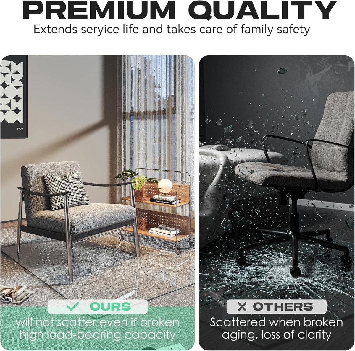 Tempered Glass Office Chair Mat, 48" x 30" Heavy Duty Chair Mat for Carpet, 1,000lb, Glides Smoothly, Polished Edge, Transparent, Easy Clean, Protector Mats for Hardwood Floors Carpet