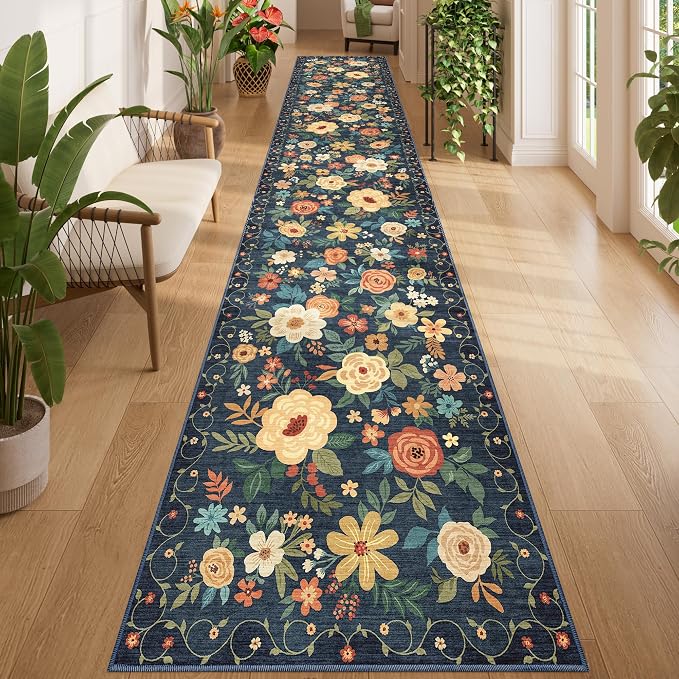 DUKINO 2.6x14 Kitchen Runner Rug, Lightweight Floral Washable Rug