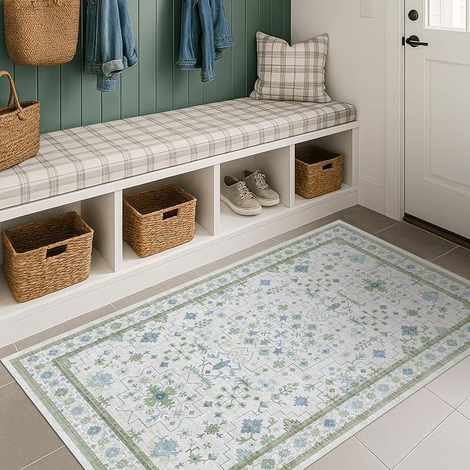 Blue and Green Washable Entryway Rugs 3x5