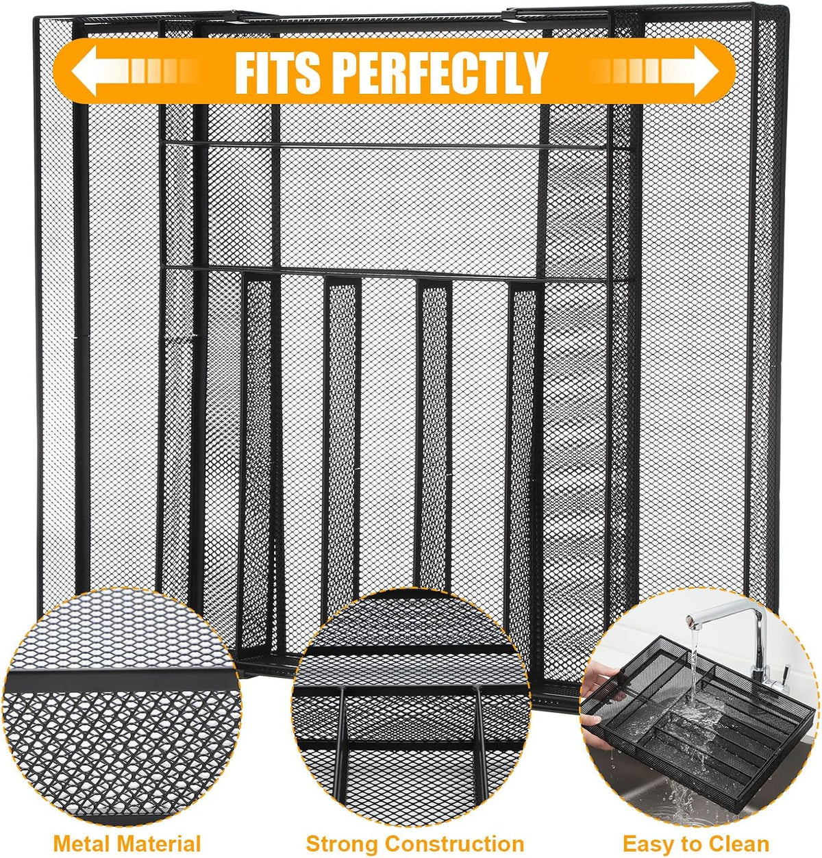 1 Pcs Utensil Drawer Silverware Organizer, Metal Mesh, Black