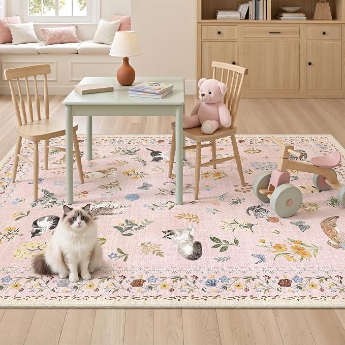 Soalmost Cat 4x6 Area Rugs for Baby Girl Nursery, Machine Washable Animal