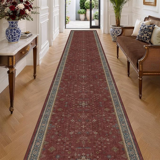 Hazo Haus Burgundy Washable 3x20 Extra Long Hallway Runner Rug, Neutral Boho