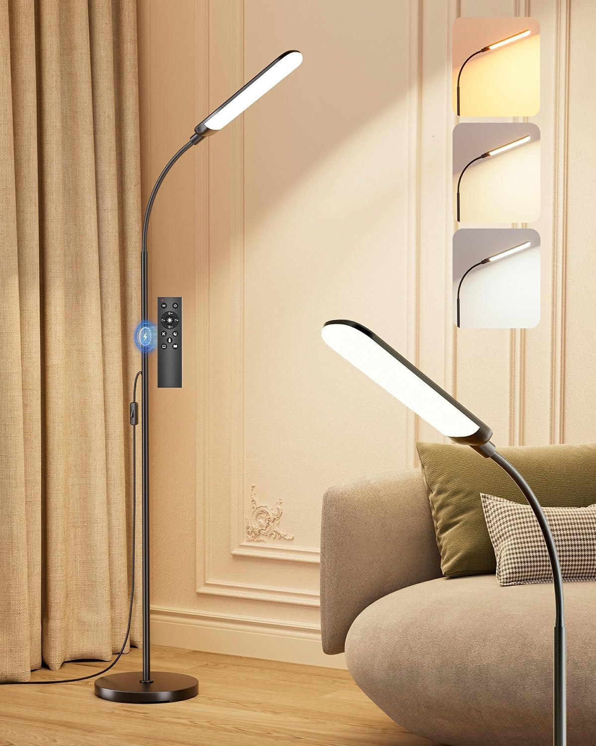 mukuxin LED Floor Lamp, 18W/1800lm Bright Reading Floor Lamp with Remote, Stepless Dimming, 2700K-6500K Color Temperature & Eye-Caring, Gooseneck Modern Standing Light for Living Room Bedroom Office