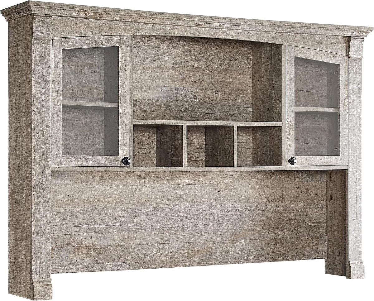 OKD 60" Farmhouse Desk Hutch, Glass Door Storage Cabinet, Gray Oak