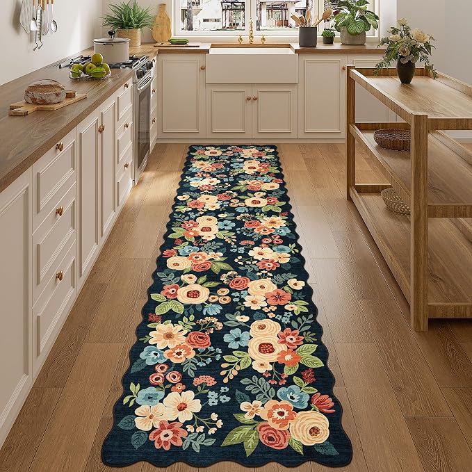 DUKINO 2.6x10 Runner Rug for Hallway, Lightweight Washable Floral Kitchen Rug