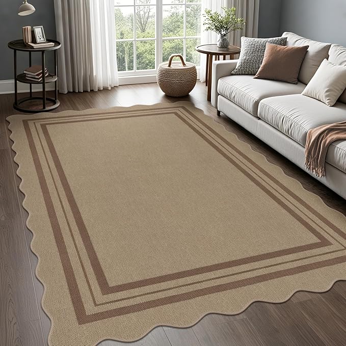 Scalloped 5x7 Rug for Living Room, Easy Jute Washable Outdoor Patio Carpet