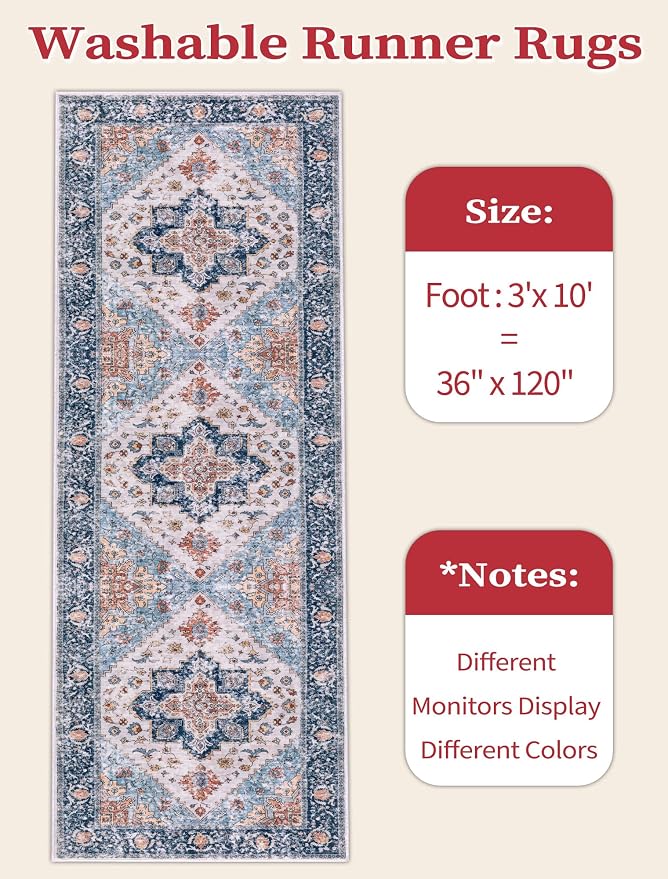 SERISSA Runner Rug for Hallways, 3x10 Washable Non Slip Kitchen Runner Rug