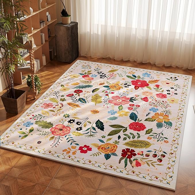 Rugcomf Bedroom Rug 3x5 Rug Washable Area Rug Non Slip Low Pile Boho Floral
