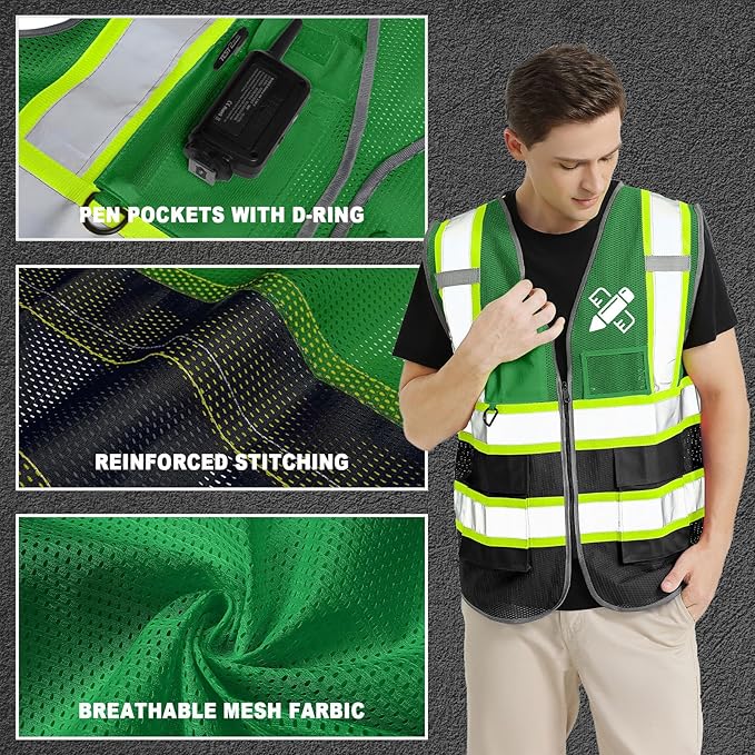 10 Pack Custom Safety Vest Customized Logo Mesh Vest Class 2 High Visibility Reflective Vest with Pockets Workwear（Green Black，XXL ）