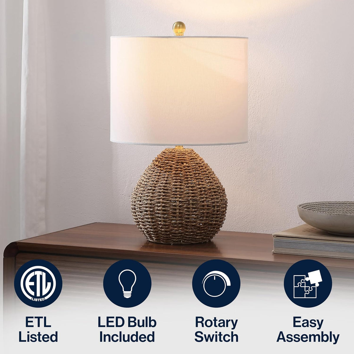 JONATHAN Y Kona 20.5" Rattan and Metal Table Lamp, Brown/Brass Gold