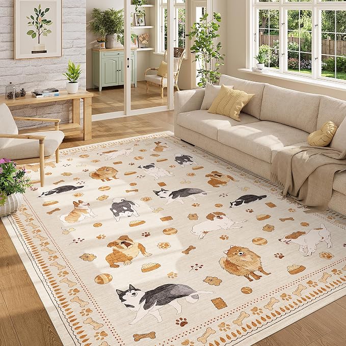 DUKINO 6x9 Rug for Living Room, Lightweight Animal Dog Print Washable Area Rug