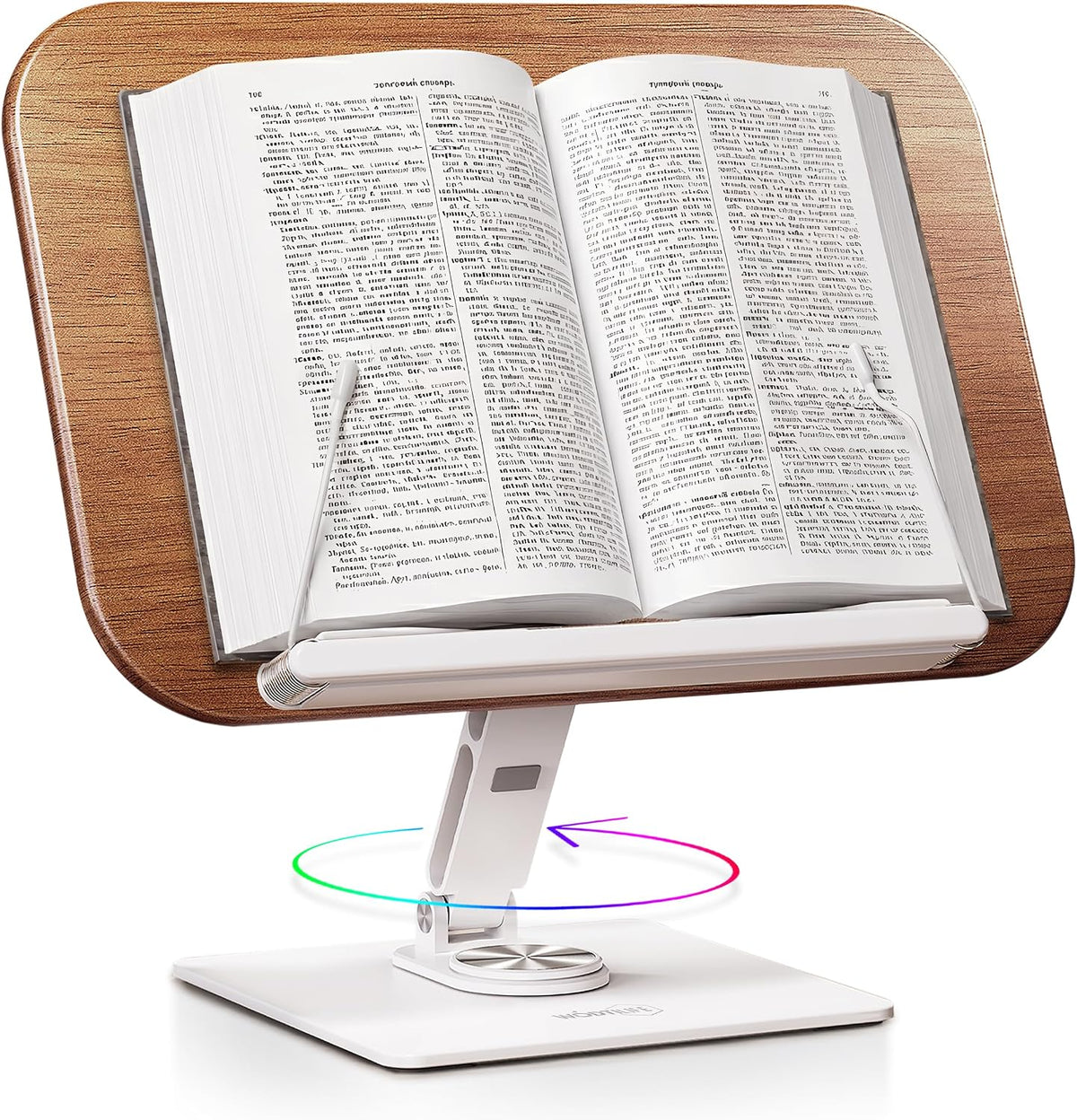Book Stand for Reading, Adjustable Book Holder for Reading Hands Free, 360° Rotating Reading Stand, Large Rubberwood Cookbook & Bible Stand, Textbook Stand for Desk, Foldable Book Stand