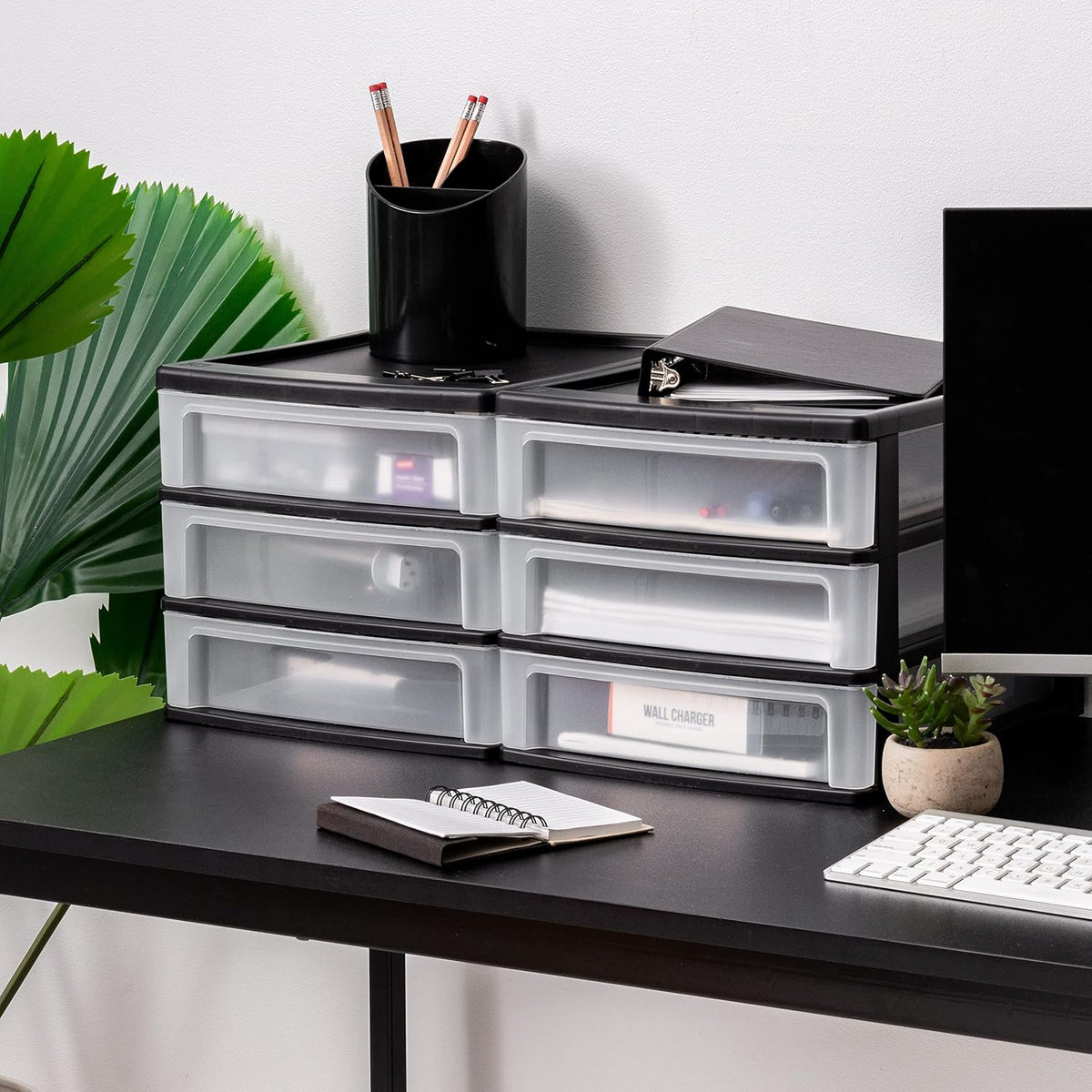 IRIS USA 2-Pack, 3-Drawer Medium Plastic Stacking Desktop Organizer, Black