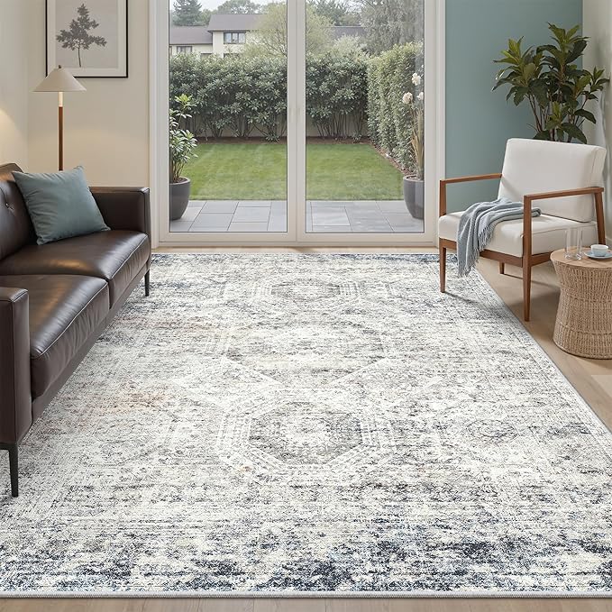 Soalmost 5x7 Area Rugs Blue Ivory Low Pile Indoor Washable Trendy Faded Style