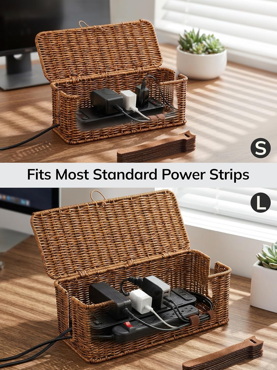 Cable Management Box, Cord Organizer with Lid & Cable Ties - Brown Set