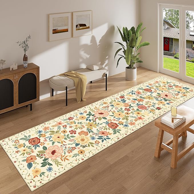 DUKINO Runner Rug for Hallway, 2.6x10 Washable Floral Long Kitchen Rug