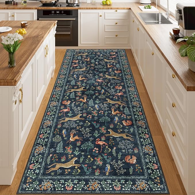 DUKINO 3x8 Washable Runner Rug, Low Pile Animal Print Non Slip Long Runner Rug