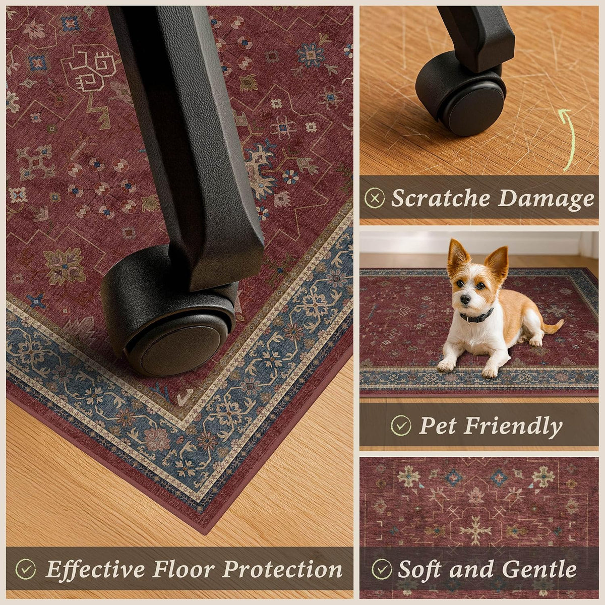 Desk Chair Mat for Hardwood & Tile Floor, 36" x 48" Burgundy Office Rug