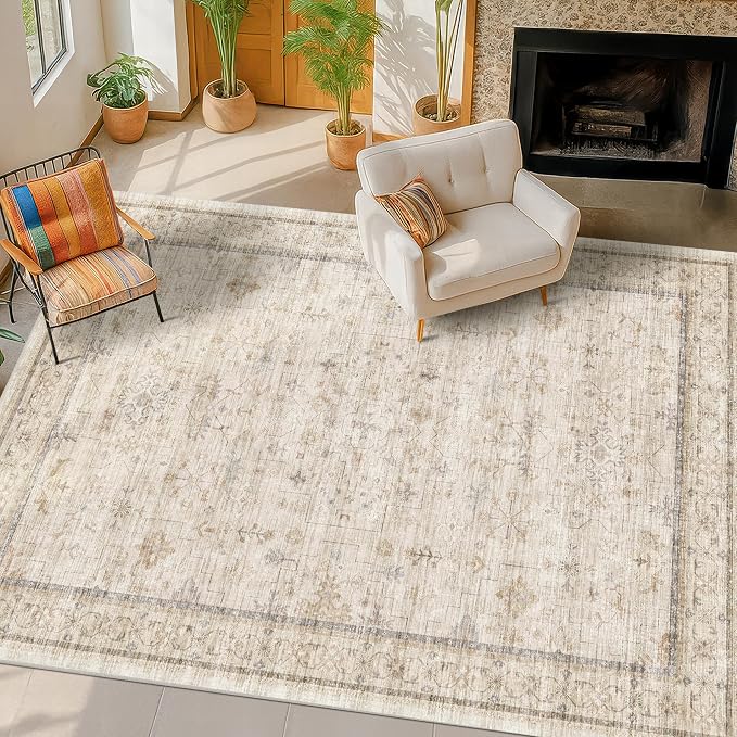 Washable Ivory 6x9 Living Room Rug, Non Slip Dinning Rugs